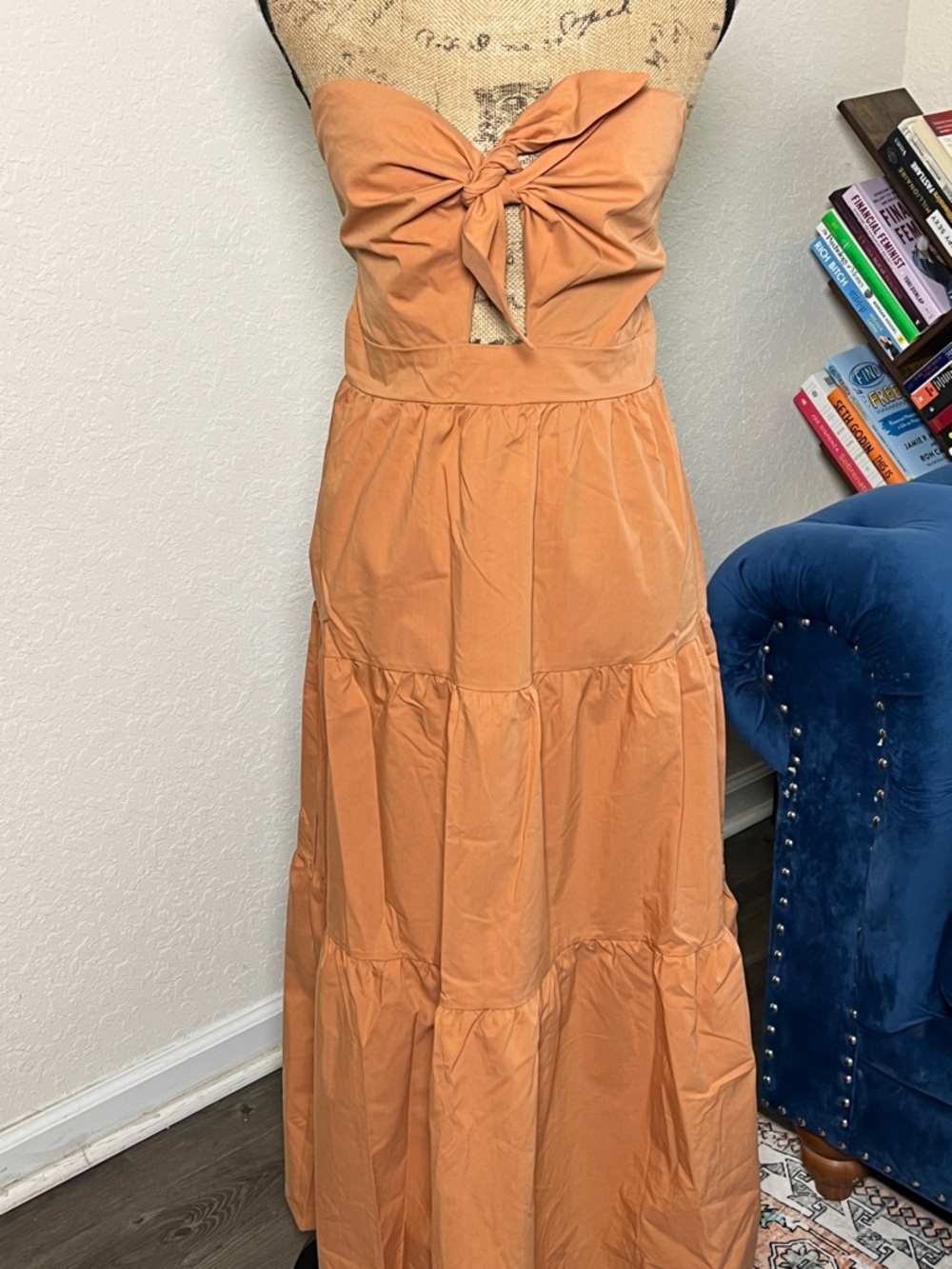 Strapless Tie-Front Maxi Dress in Rust Orange